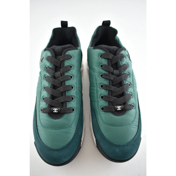 Chanel 21A Mens Green Black White CC Logo Lace Up Low Top Trainer Sneaker 44 11 - Picture 6 of 9